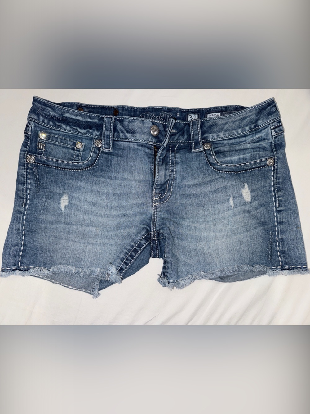 Y2K Miss Me Blue Distressed Frayed Hem Denim Shorts